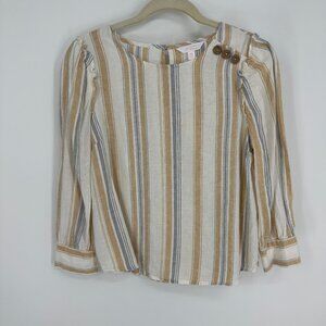 3/$25 Lauren Conrad Striped Blouse Top XS Linen Blend Ruffle‎ Trim 3/4 Sleeves